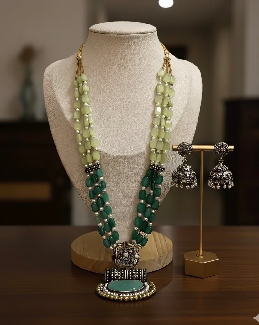 Grand Dual-Tone Beaded Necklace Set with Oxidized Silver Jhumkas – A Timeless Heritage Piece