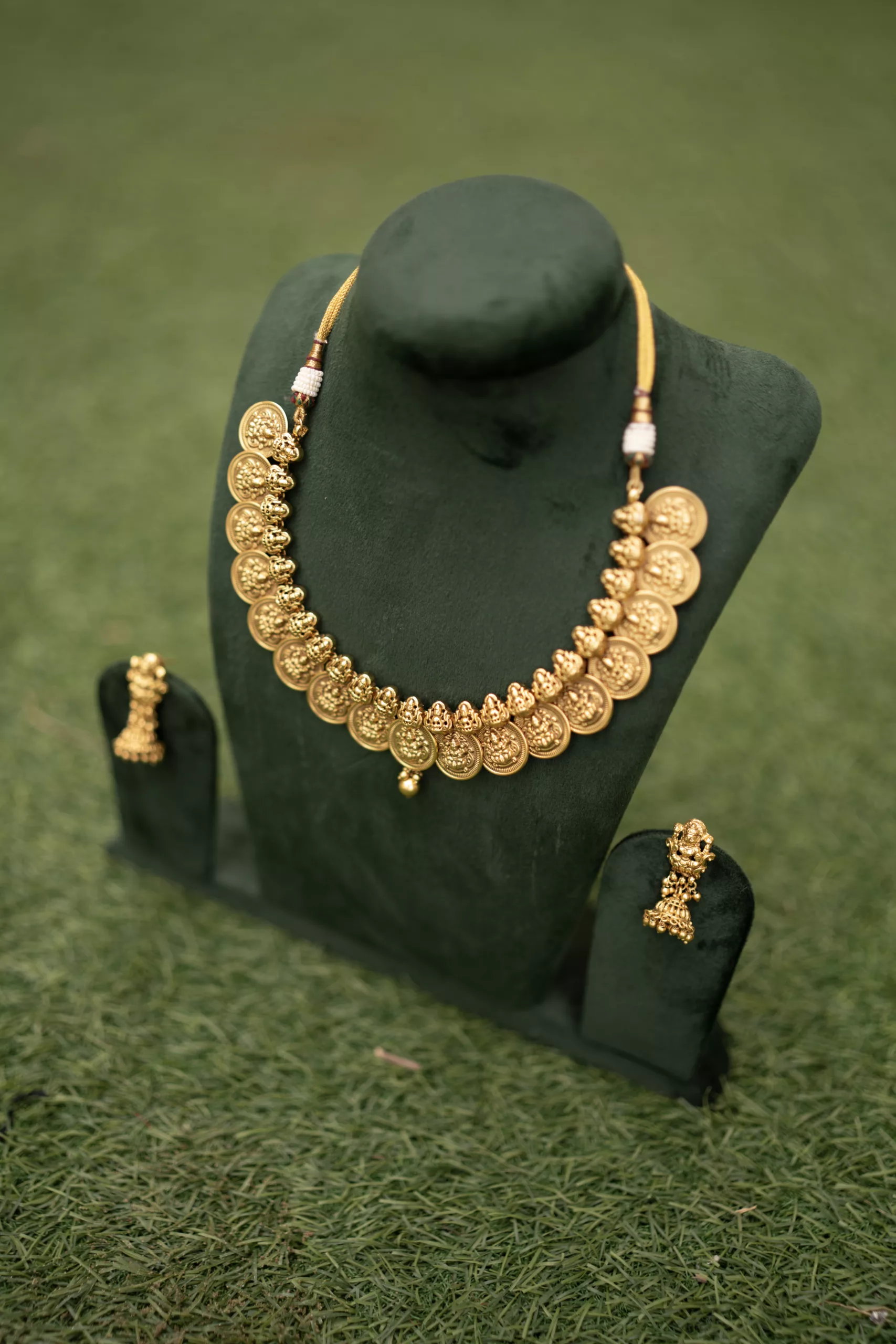 Gold Temple Necklace Set with Jhumkis - Handcrafted Elegance