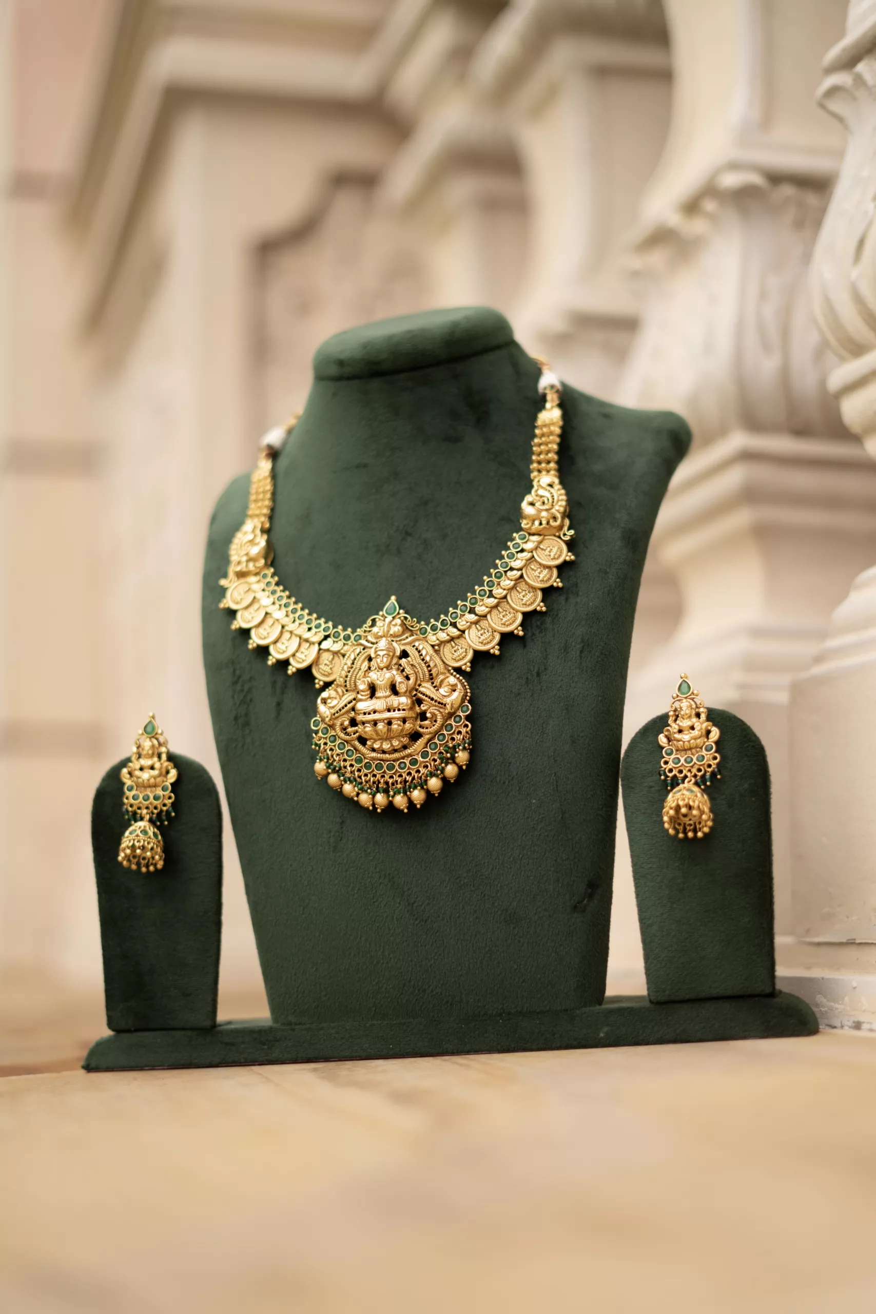 Handcrafted Laxmi Temple Necklace: Gold Plated, Green Stones