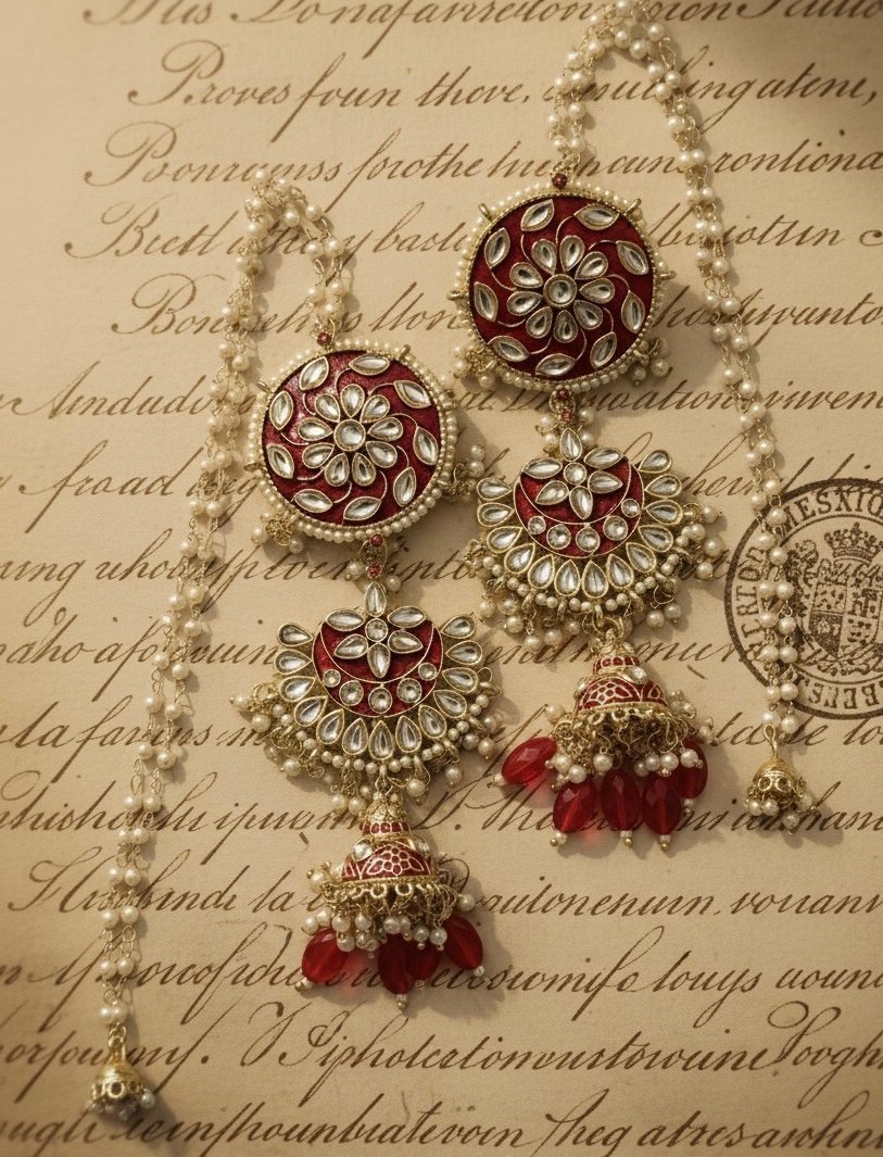 Red Kundan Chandbali Earrings with Pearl and Bead Accents