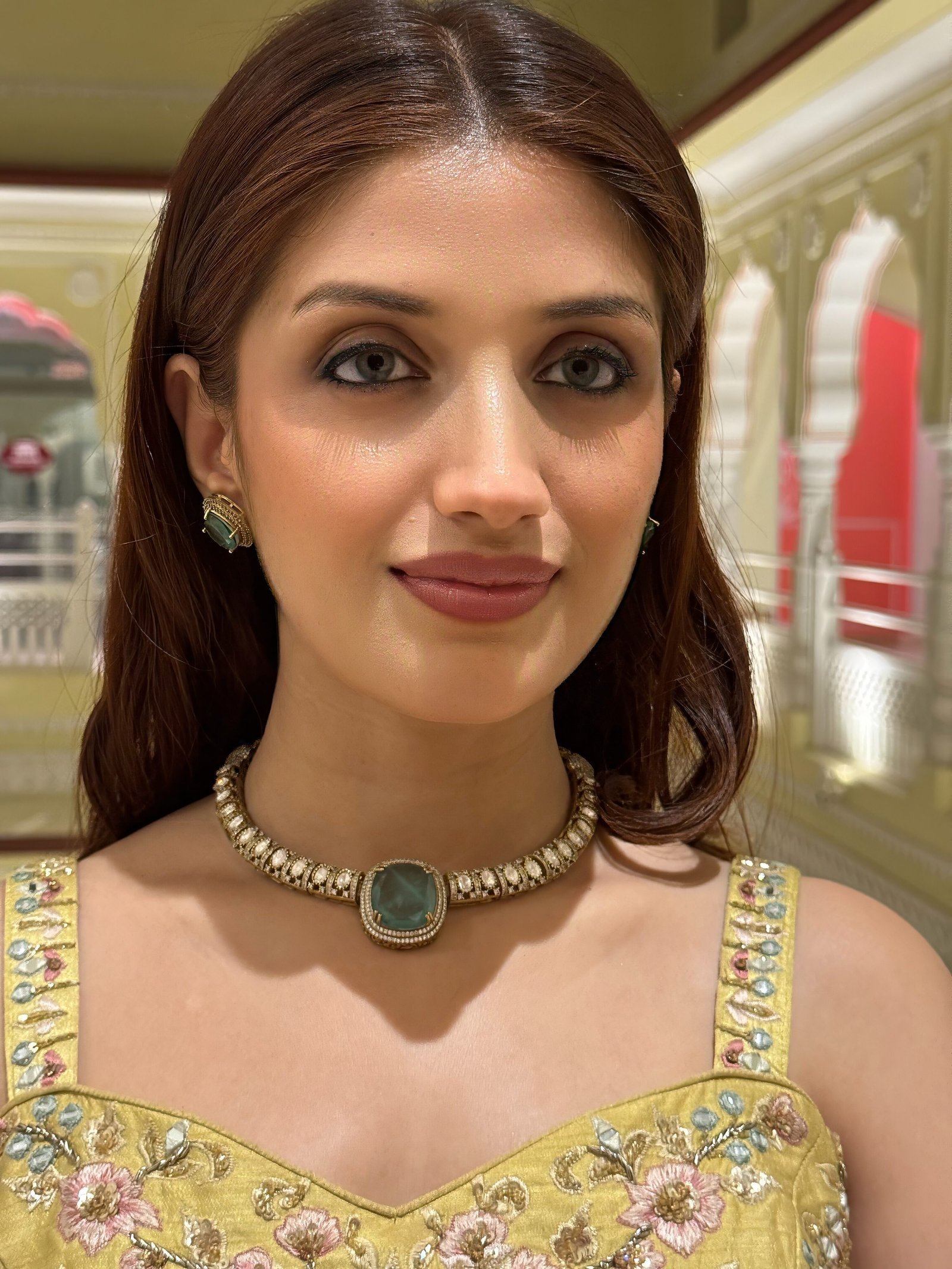 Elegant Green Stone Choker with Diamond Accents