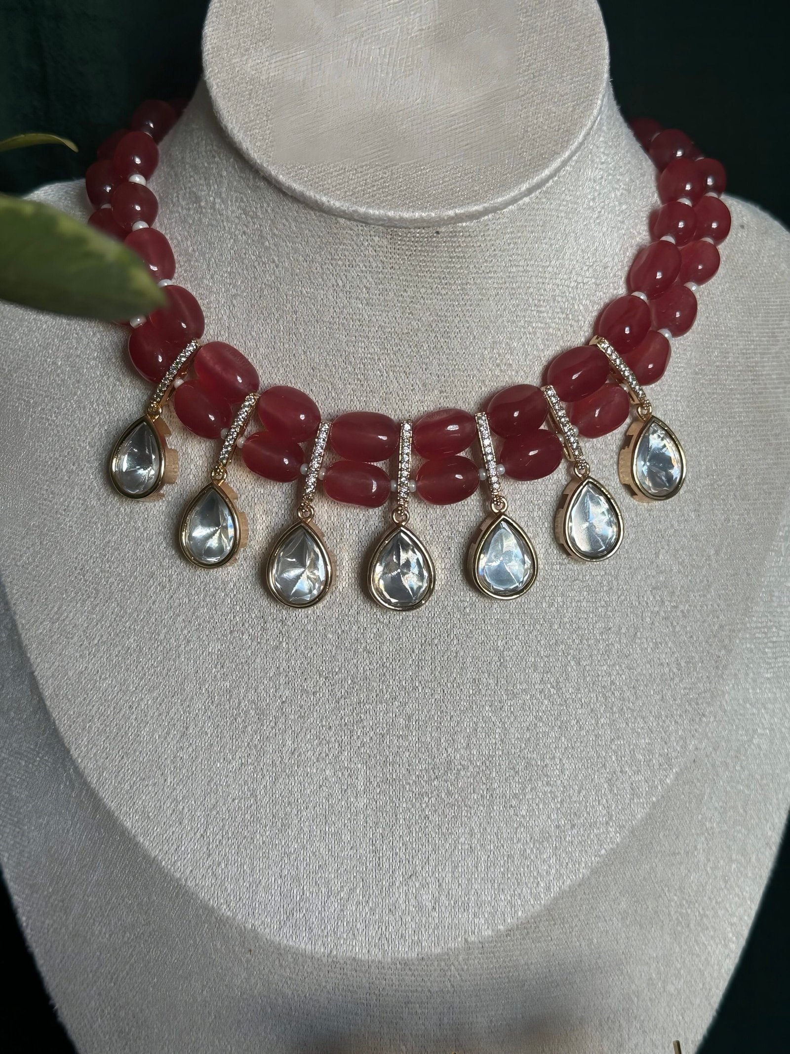 Radiant Red Beaded Choker with Teardrop Crystal Accents