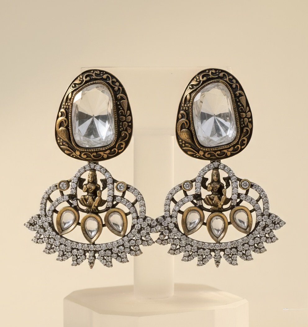 Divine Opulence: CZ Stone Earrings with Laxmi Centerpiece