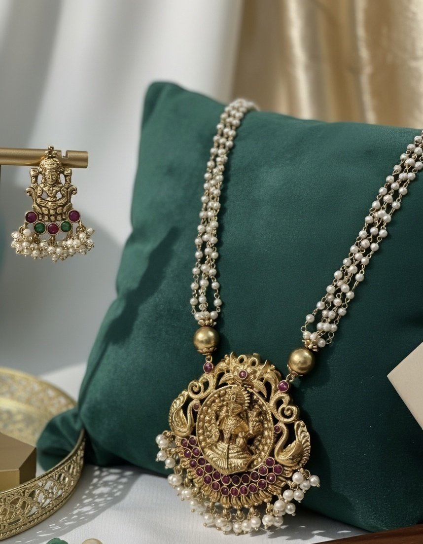 Radiance of Tradition: Pearl & Gold Temple Jewelry Set