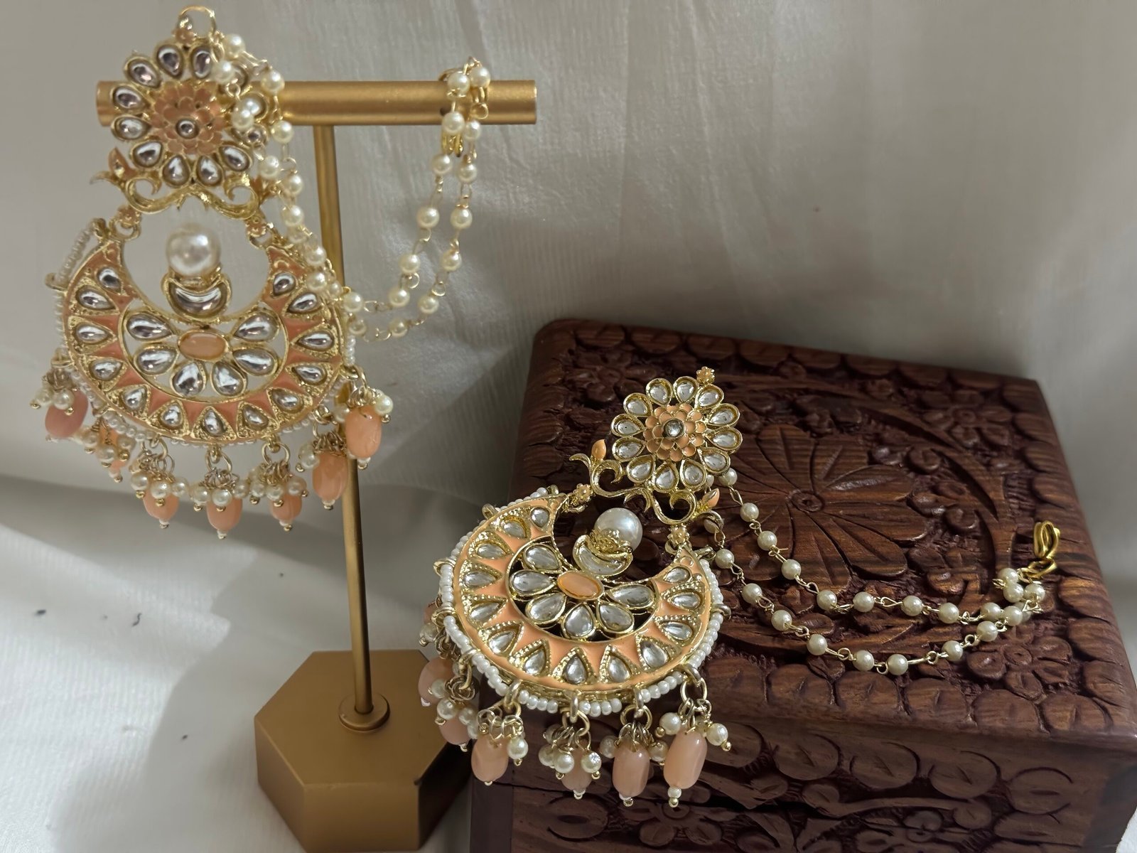 Peach Kundan Chandbali Earrings with Pearl Detailing