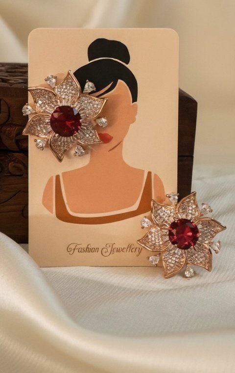 Radiant Ruby-Red Floral Earrings in Rose Gold Finish