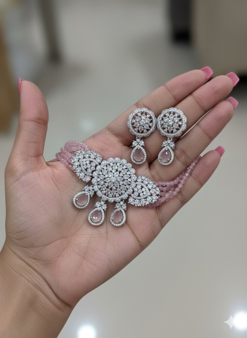 Zircon-Adorned Pink String Choker Set