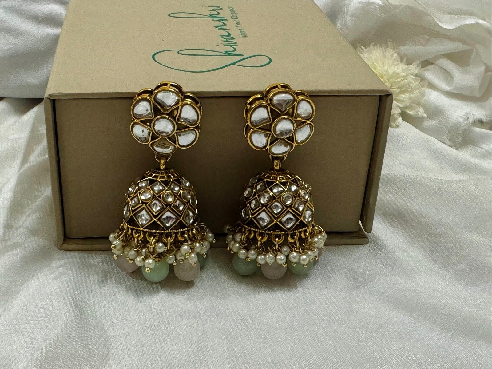 Kundan Floral Jhumka Earrings with Pearl Detailing