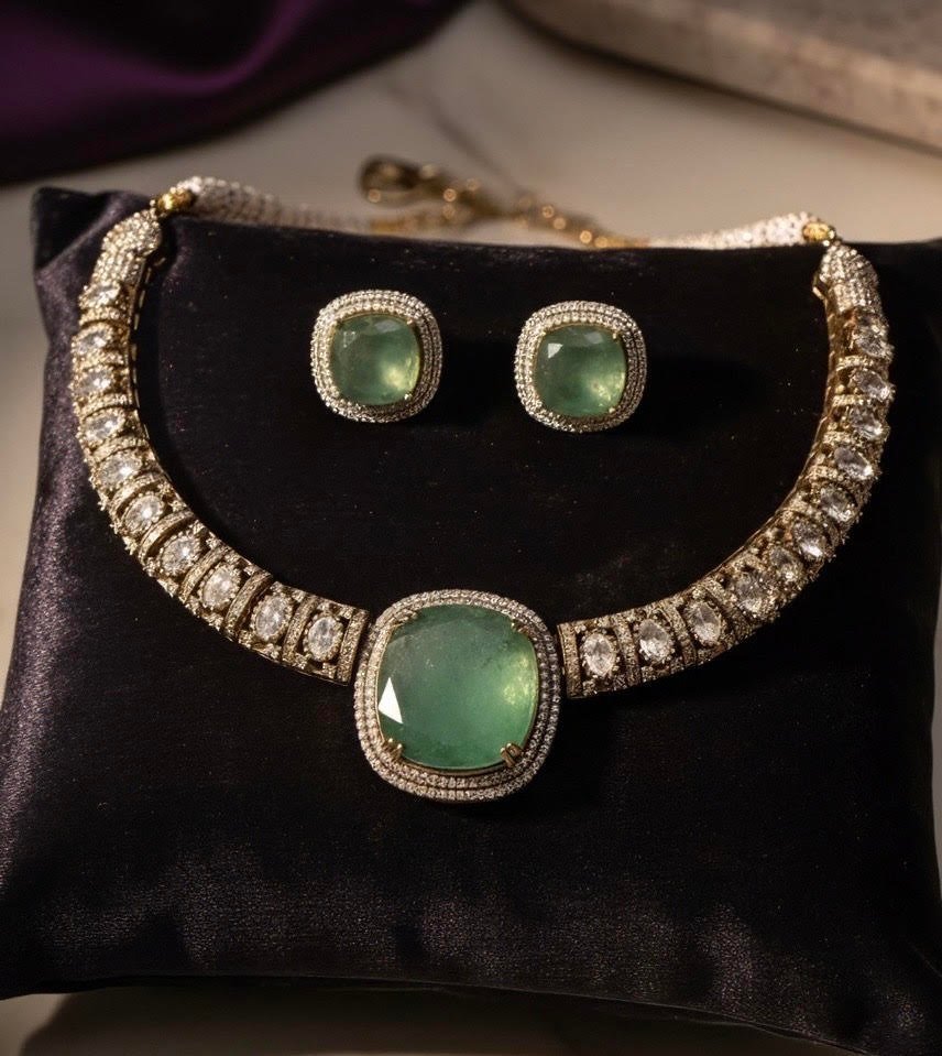 Elegant Green Stone Choker with Diamond Accents
