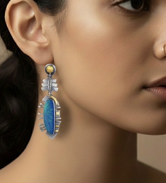 Avant-Garde Blue Stone Earrings – Artistic Alloy Craft with Silver-Gold Accents