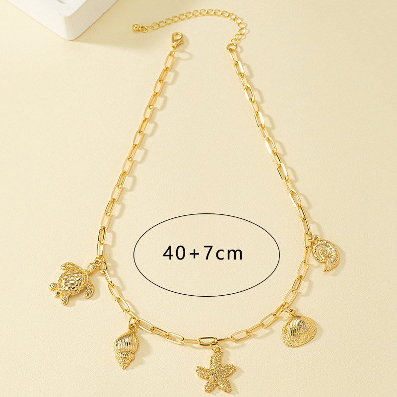 Alloy Plated Vacation Pendant Necklace with Tortoise, Starfish & Shell Motif