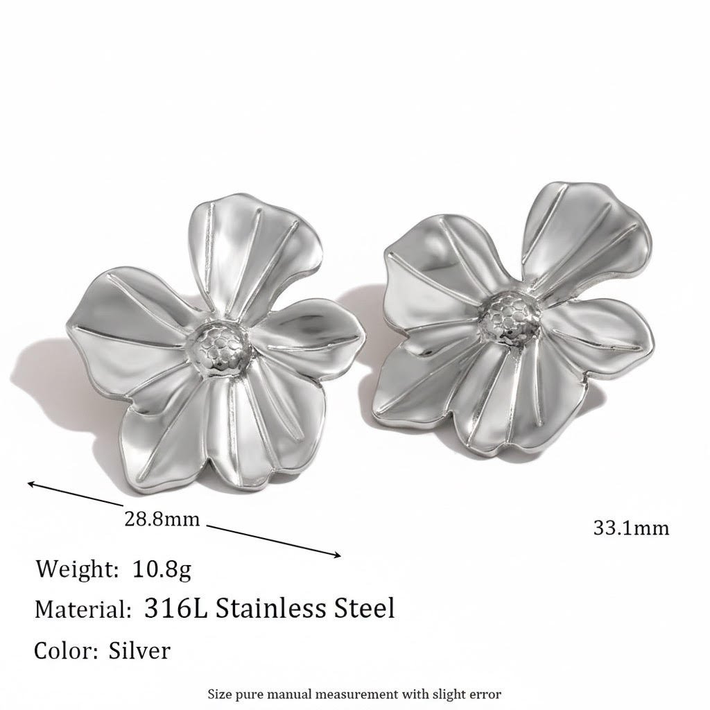 Silver Plated Flower Ear Studs in Waterproof Non-Tarnish 304 Stainless Steel Classic Style