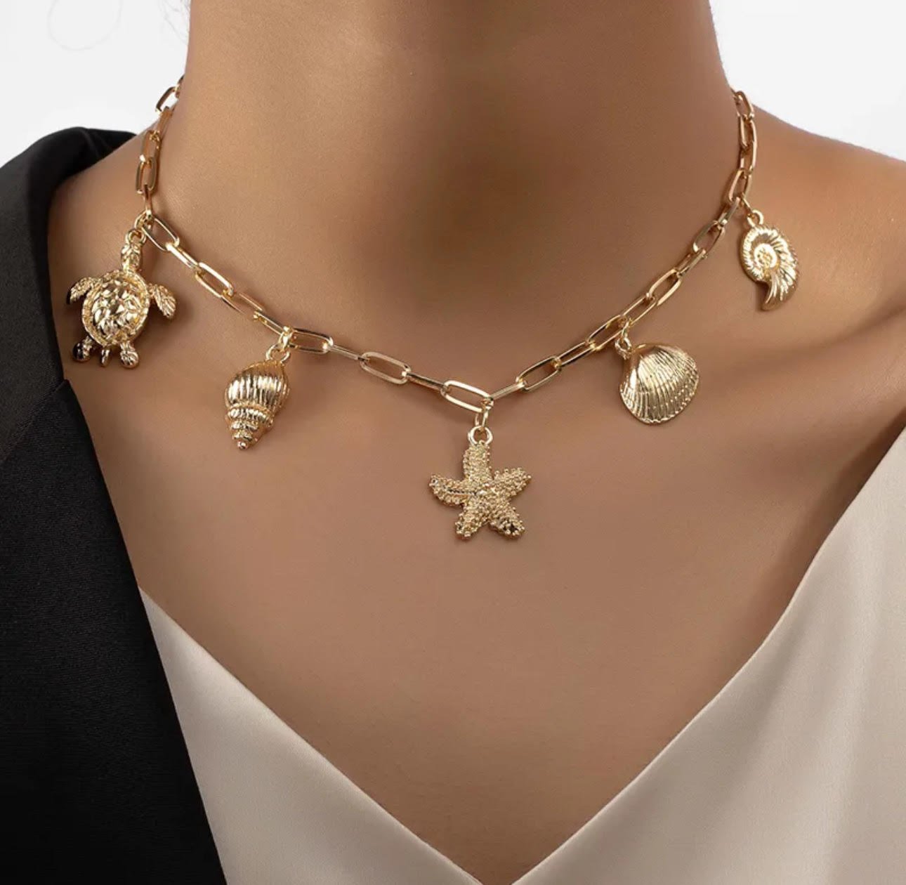 Alloy Plated Vacation Pendant Necklace with Tortoise, Starfish & Shell Motif