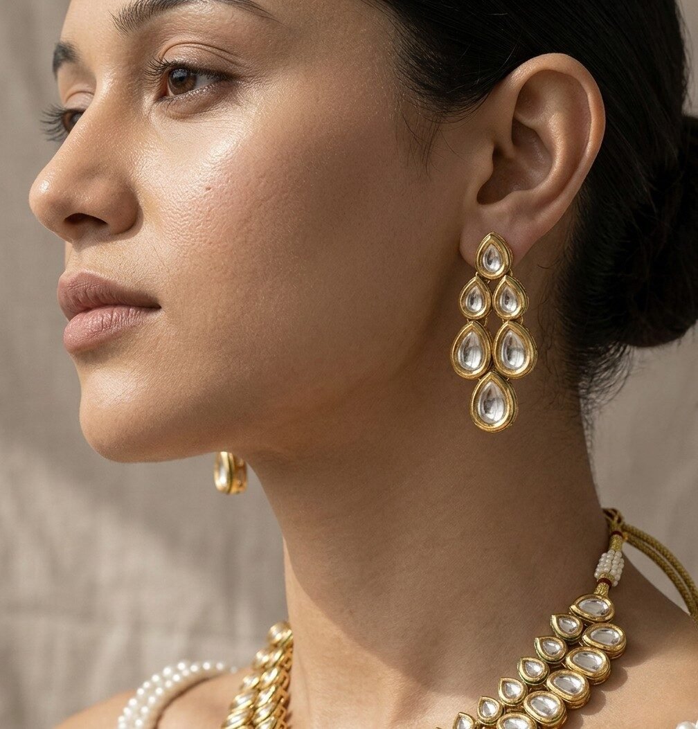 Gold & Kundan Teardrop Choker Necklace Set with Earrings