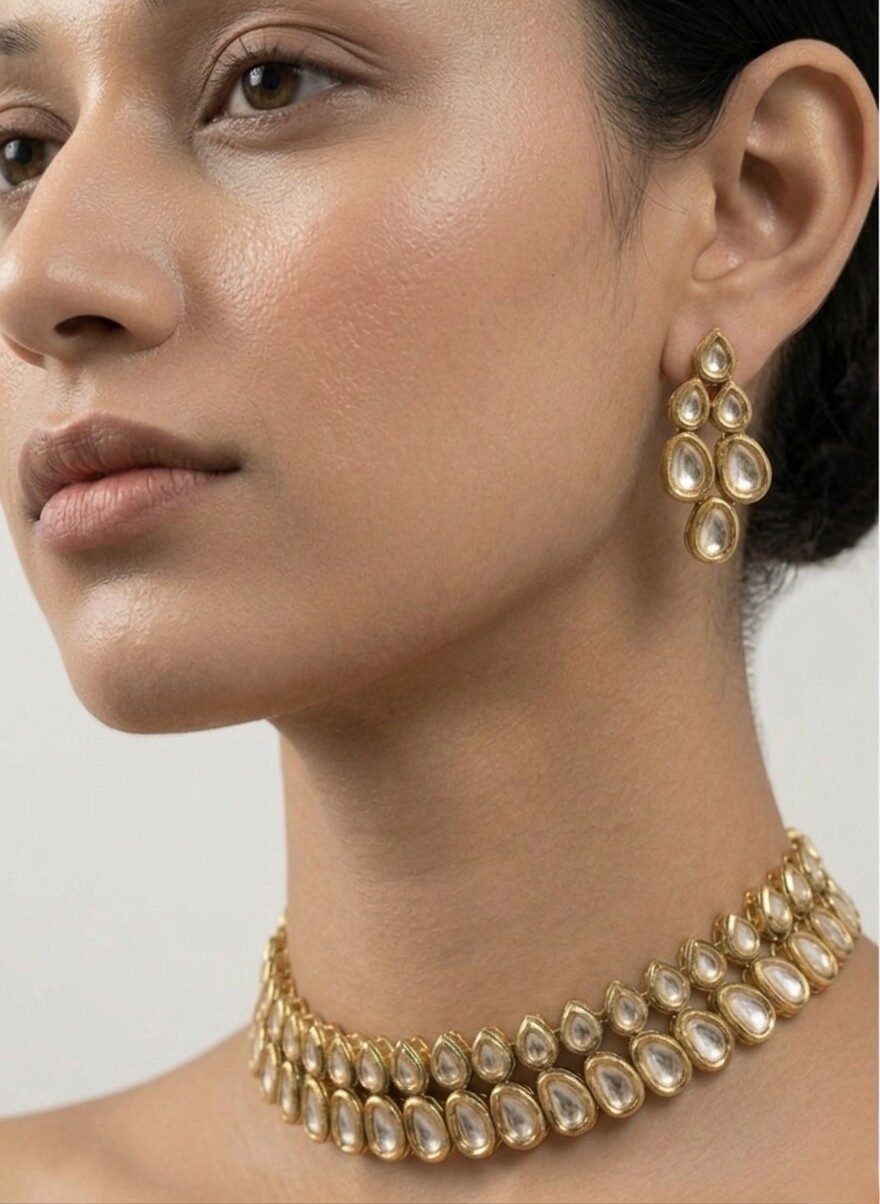 Gold & Kundan Teardrop Choker Necklace Set with Earrings