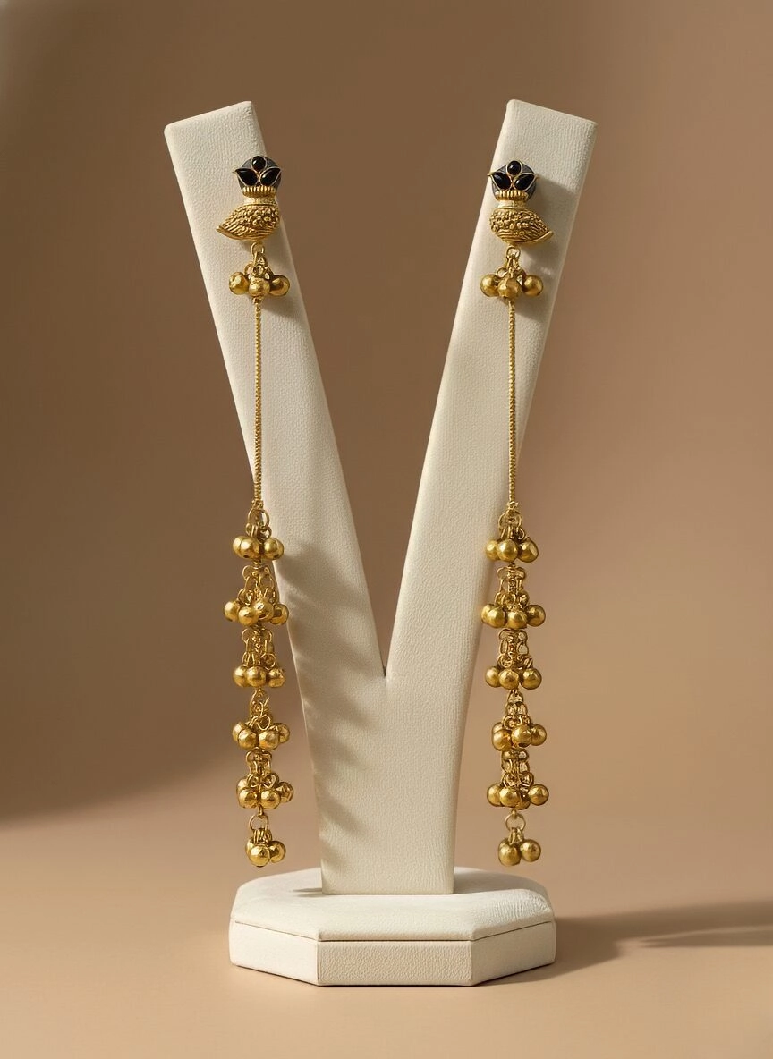 Gold Cascading Jhumka Earrings with Black & Gold Detailing