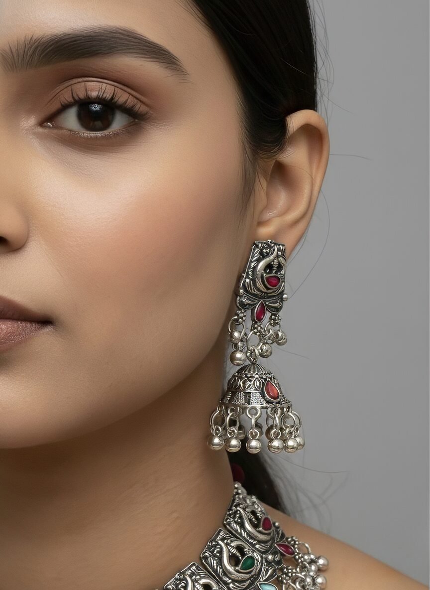 Silver Kundan Peacock Choker Set with Jhumkas & Maang Tikka