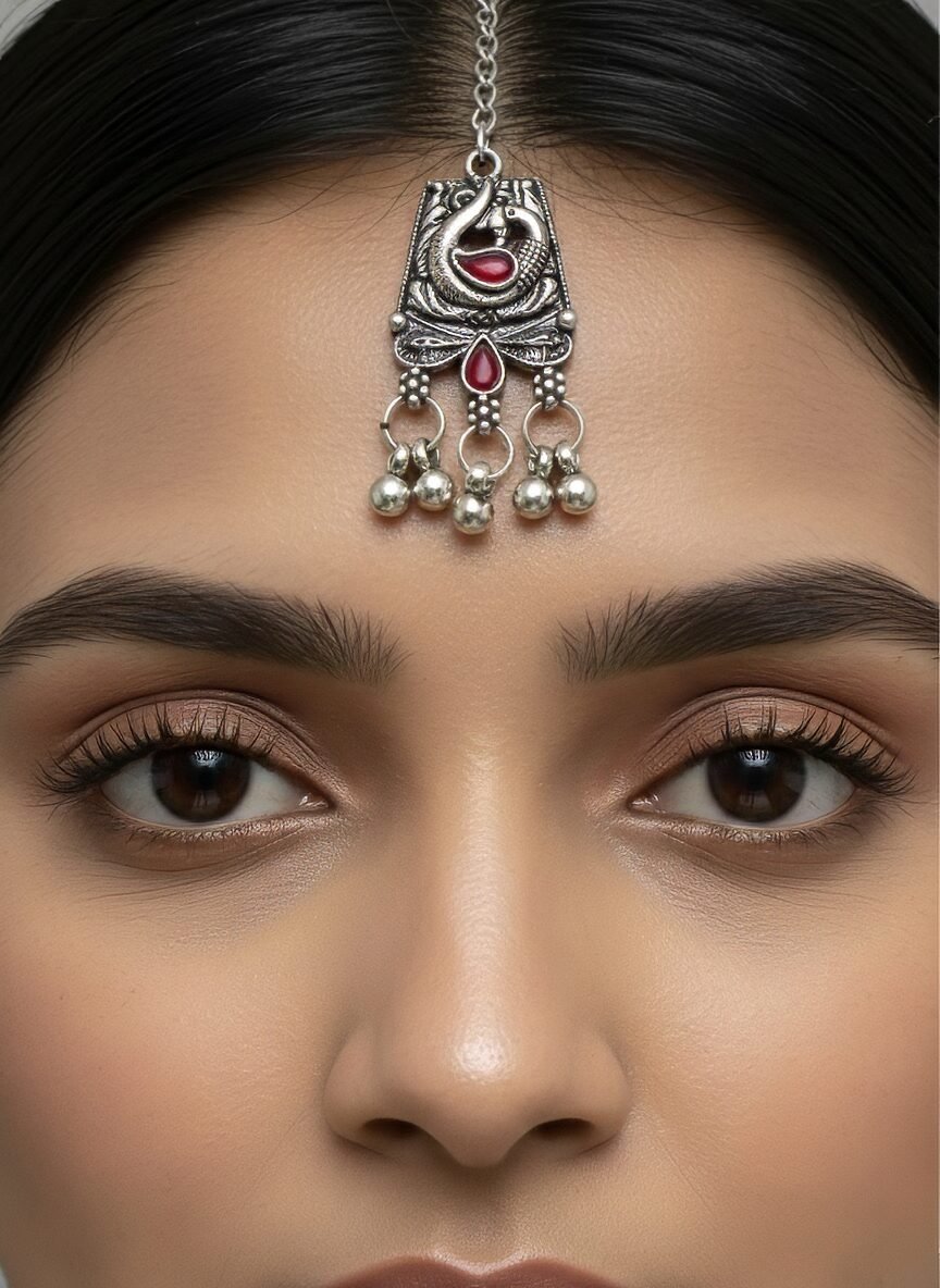 Silver Kundan Peacock Choker Set with Jhumkas & Maang Tikka