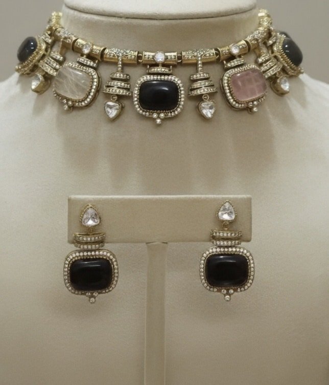 Gold & Kundan Choker Necklace Set with Black, Pink & Clear Stones