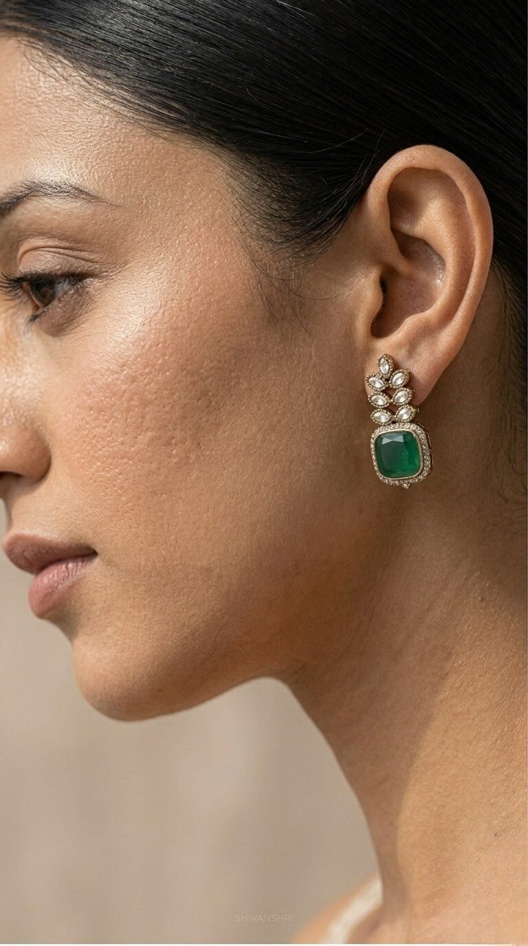 Gold & Diamond Choker Necklace Set with Green Gemstone