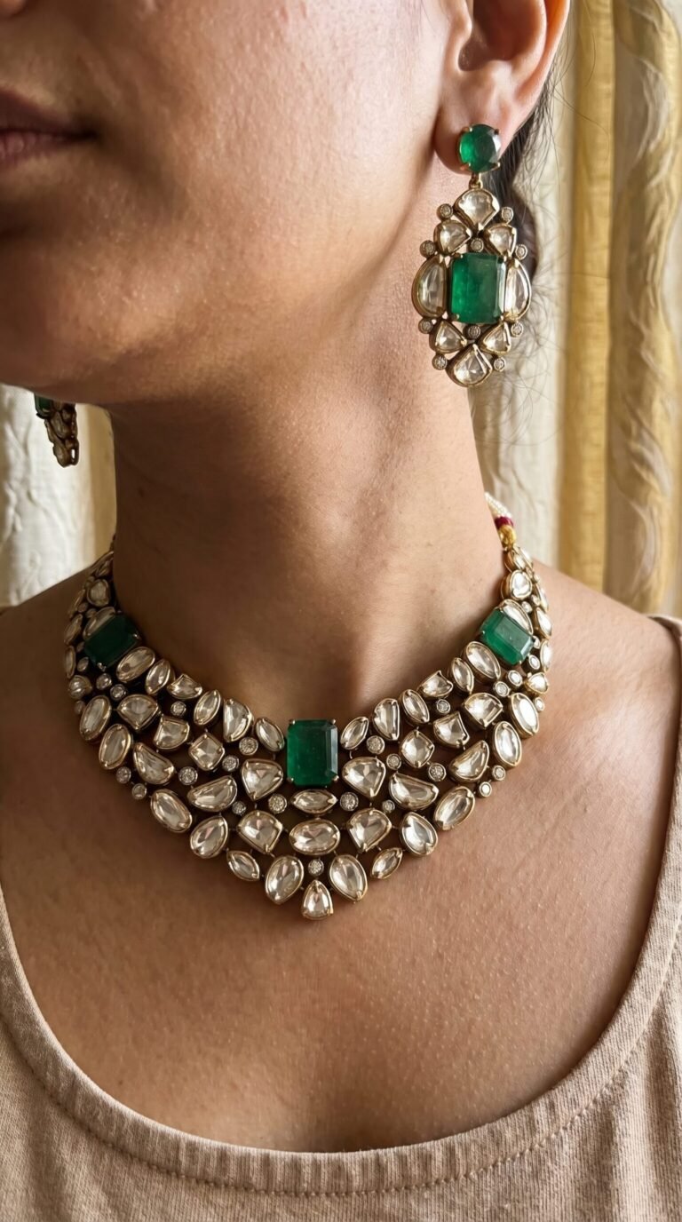 22K Gold Plated Emerald Uncut Polki Kundan Necklace Set – Regal Wedding Edit photo review