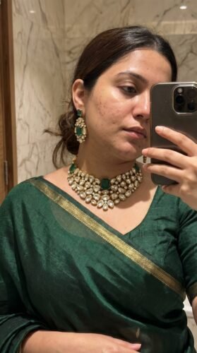 22K Gold Plated Emerald Uncut Polki Kundan Necklace Set – Regal Wedding Edit photo review