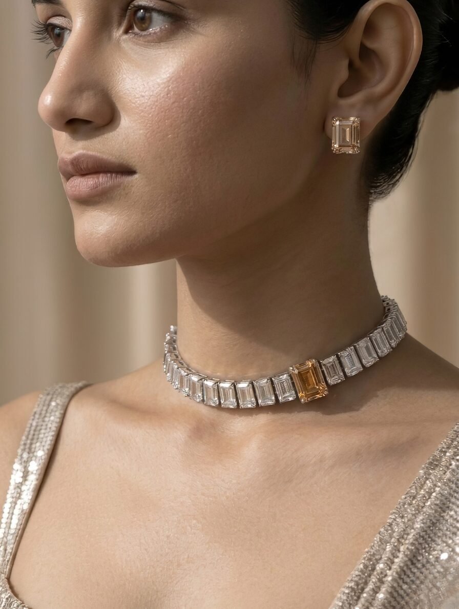 Champagne Baguette Diamond Look Choker Set – Luxe Evening Edit